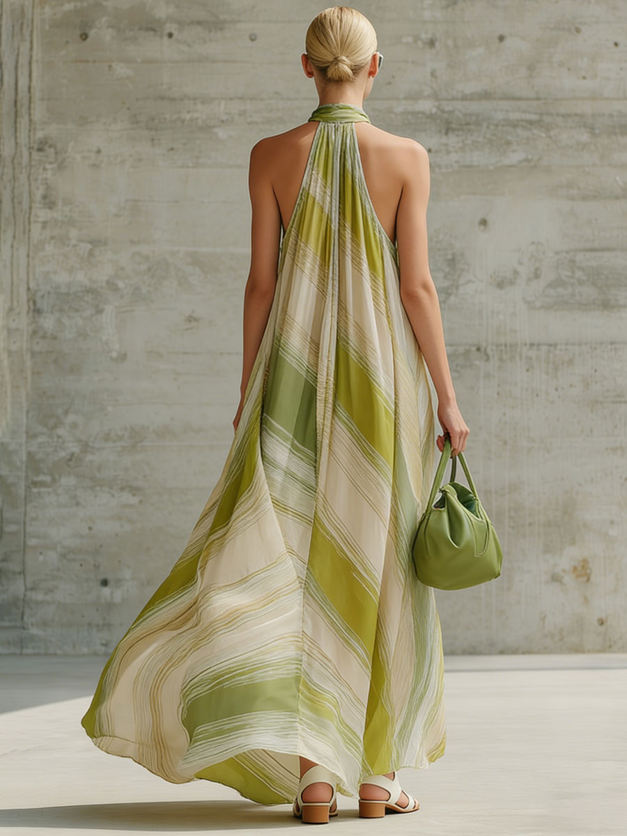 Fashionable Vacation Retro Striped Light Green Chiffon Sleeveless Maxi Dress