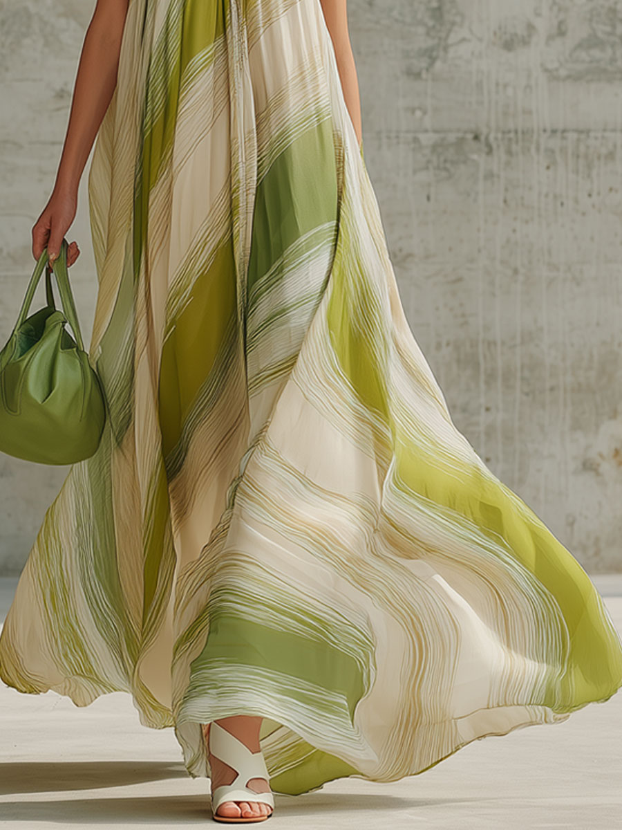 Fashionable Vacation Retro Striped Light Green Chiffon Sleeveless Maxi Dress