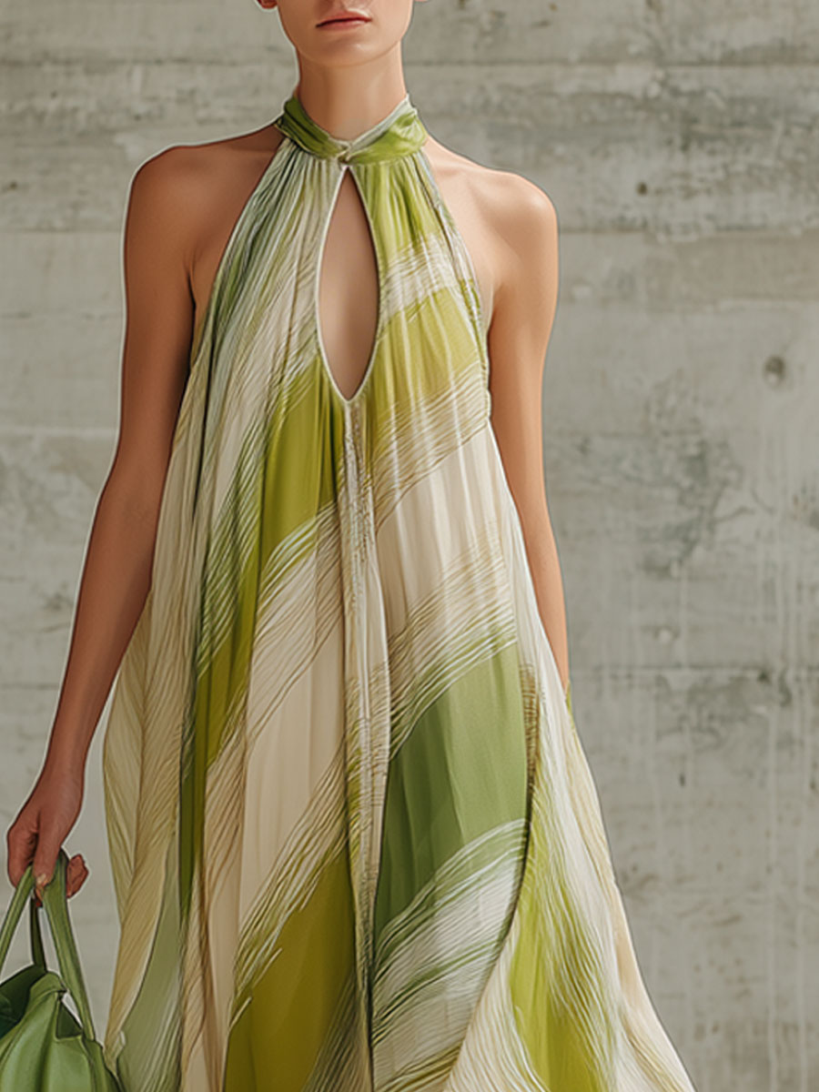 Fashionable Vacation Retro Striped Light Green Chiffon Sleeveless Maxi Dress