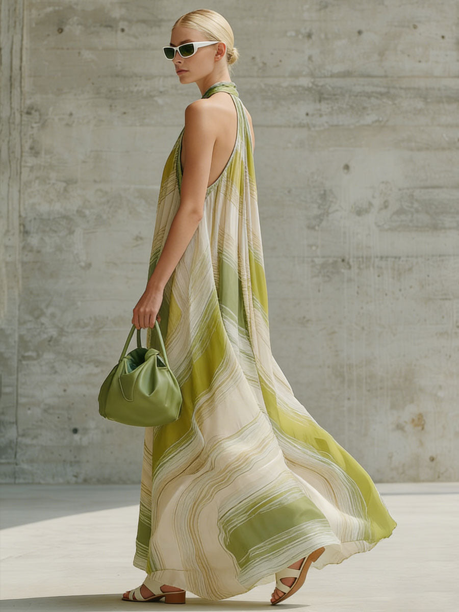 Fashionable Vacation Retro Striped Light Green Chiffon Sleeveless Maxi Dress