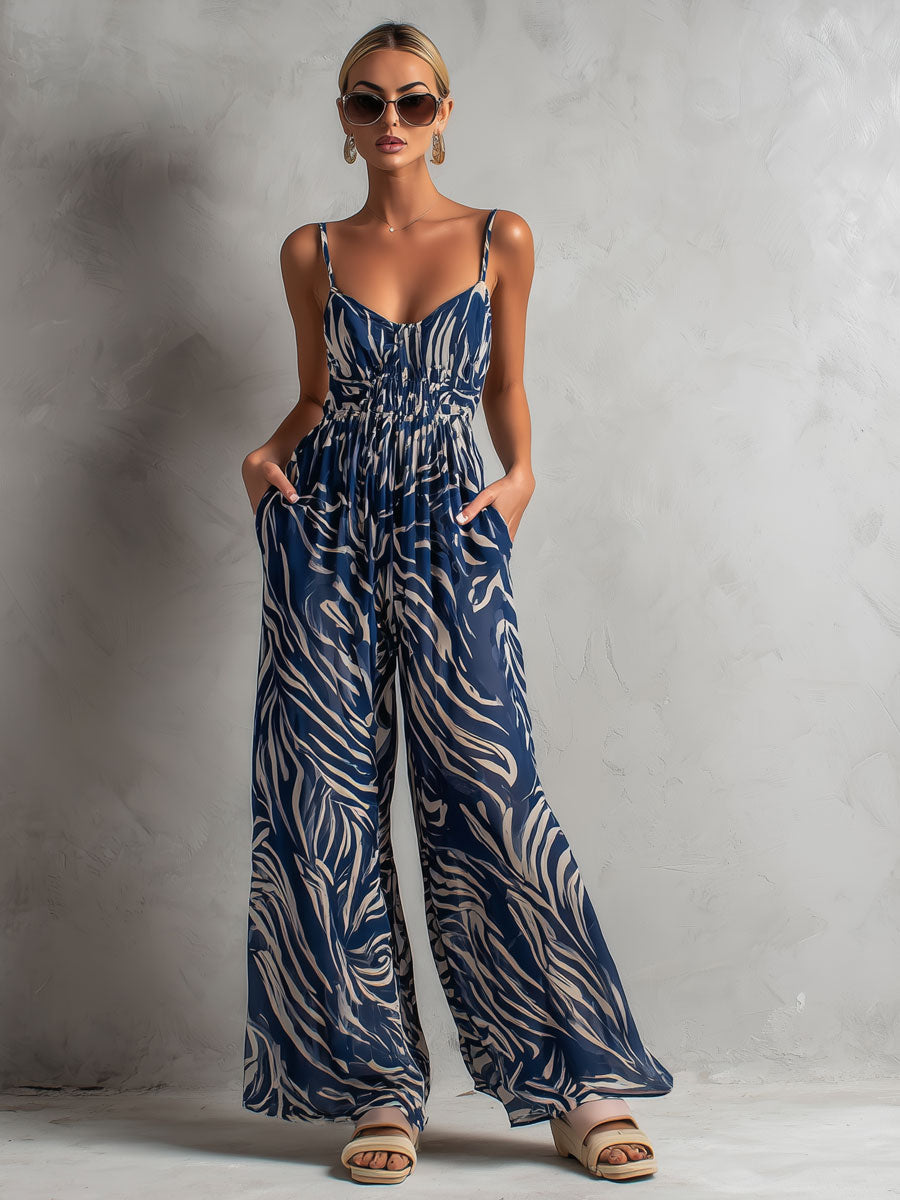 Fashionable Vacation Retro Zebra Print Navy Blue Chiffon Sleeveless Wide-leg Jumpsuit