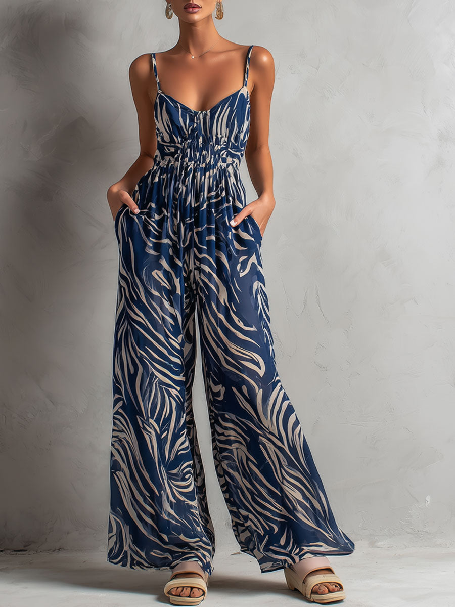 Fashionable Vacation Retro Zebra Print Navy Blue Chiffon Sleeveless Wide-Leg Jumpsuit