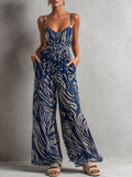 Fashionable Vacation Retro Zebra Print Navy Blue Chiffon Sleeveless Wide-Leg Jumpsuit