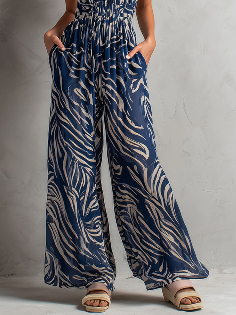 Fashionable Vacation Retro Zebra Print Navy Blue Chiffon Sleeveless Wide-Leg Jumpsuit