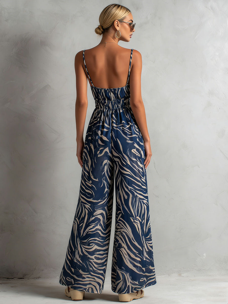 Fashionable Vacation Retro Zebra Print Navy Blue Chiffon Sleeveless Wide-leg Jumpsuit