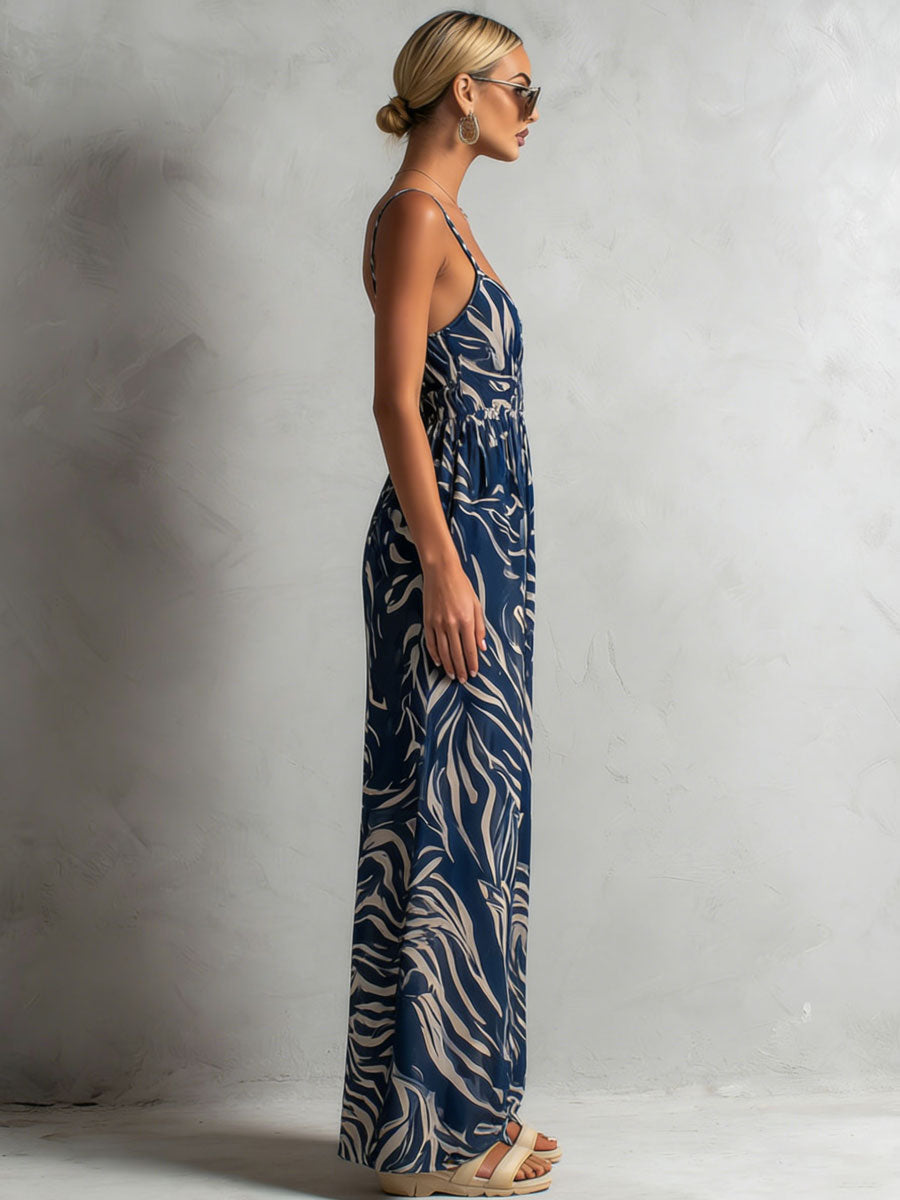 Fashionable Vacation Retro Zebra Print Navy Blue Chiffon Sleeveless Wide-Leg Jumpsuit