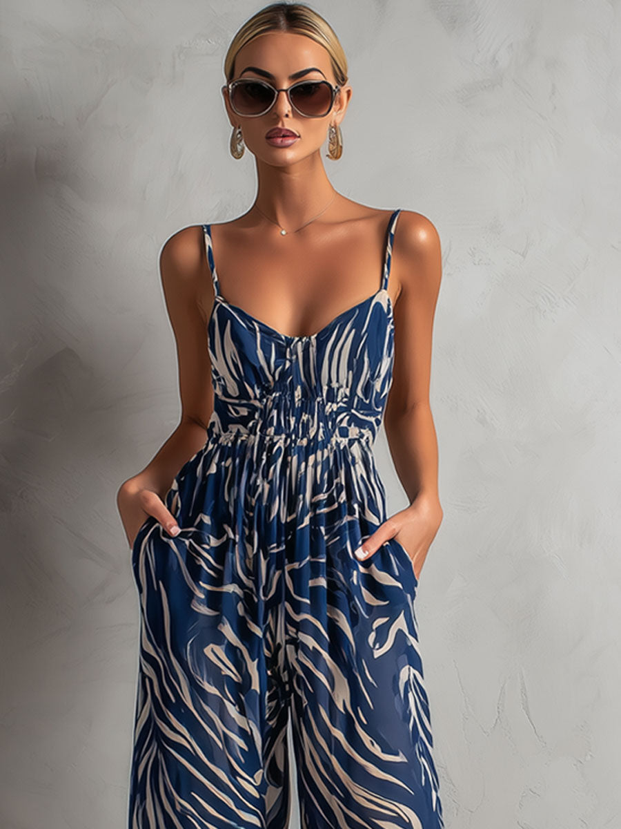 Fashionable Vacation Retro Zebra Print Navy Blue Chiffon Sleeveless Wide-Leg Jumpsuit