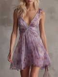 Fashionable Retro Floral Print Purple Ruffled Sleeveless Chiffon Mini Dress