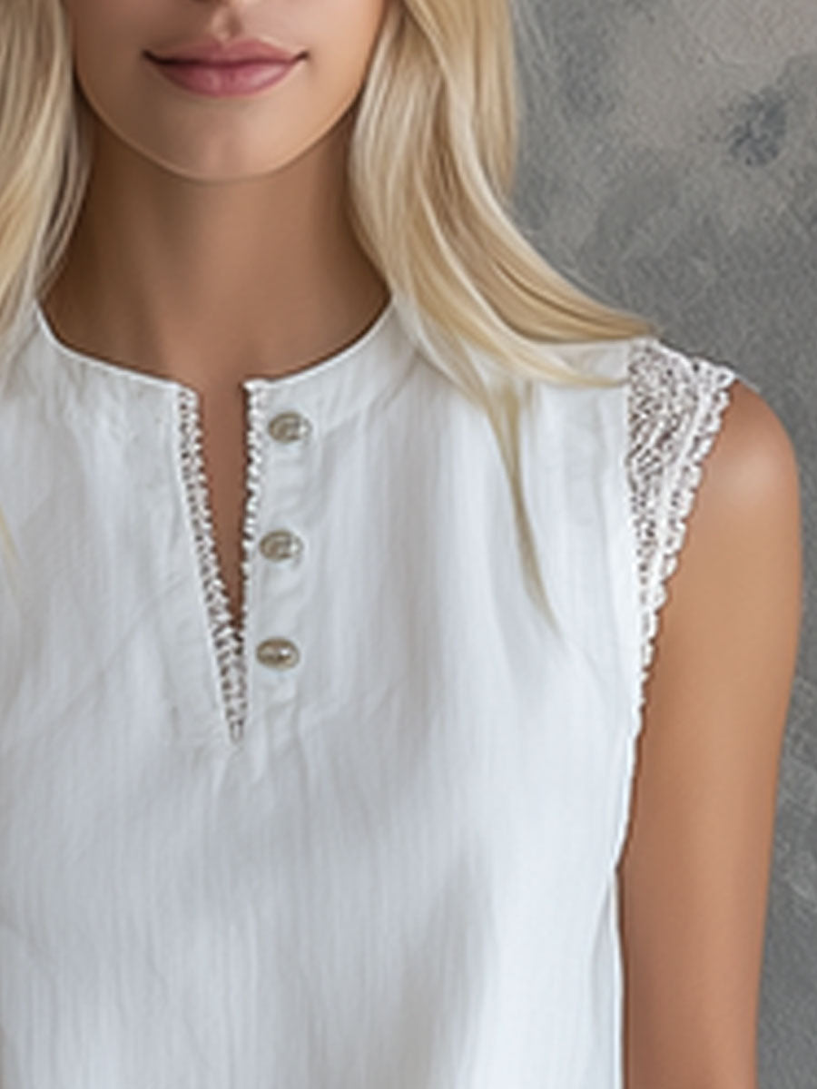 Fashionable Retro Lace-trimmed White Tencel Linen Top and Shorts Set