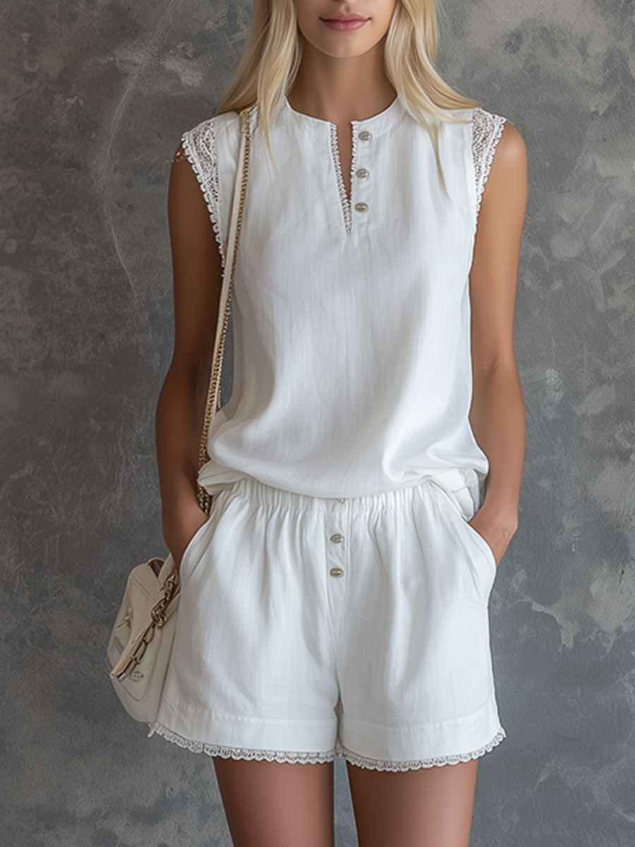 Fashionable Retro Lace-trimmed White Tencel Linen Top and Shorts Set