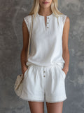 Fashionable Retro Lace-trimmed White Tencel Linen Top and Shorts Set