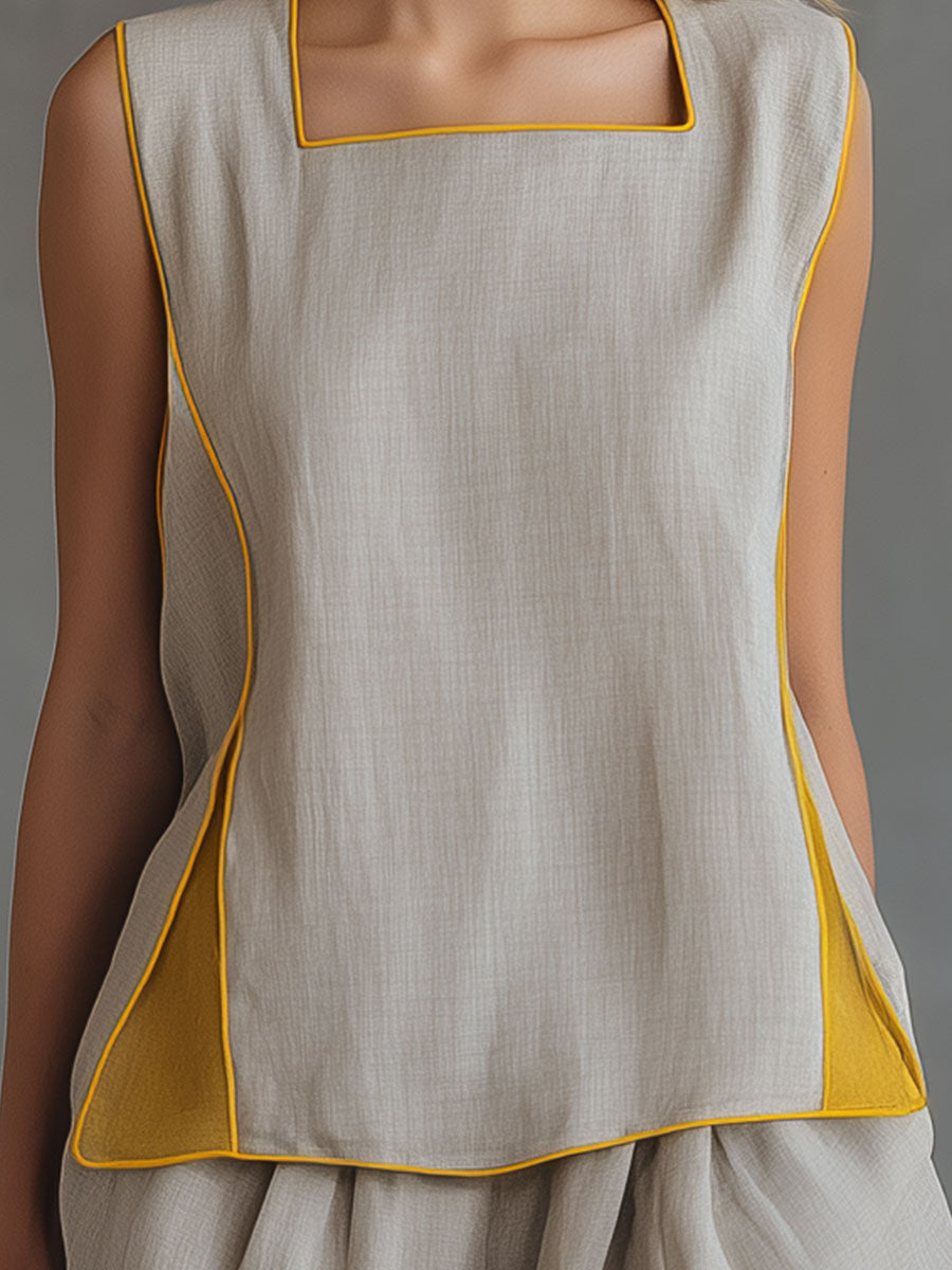Stylish and Casual Colour-blocked Trim Grey Tencel Linen Top and Shorts Set