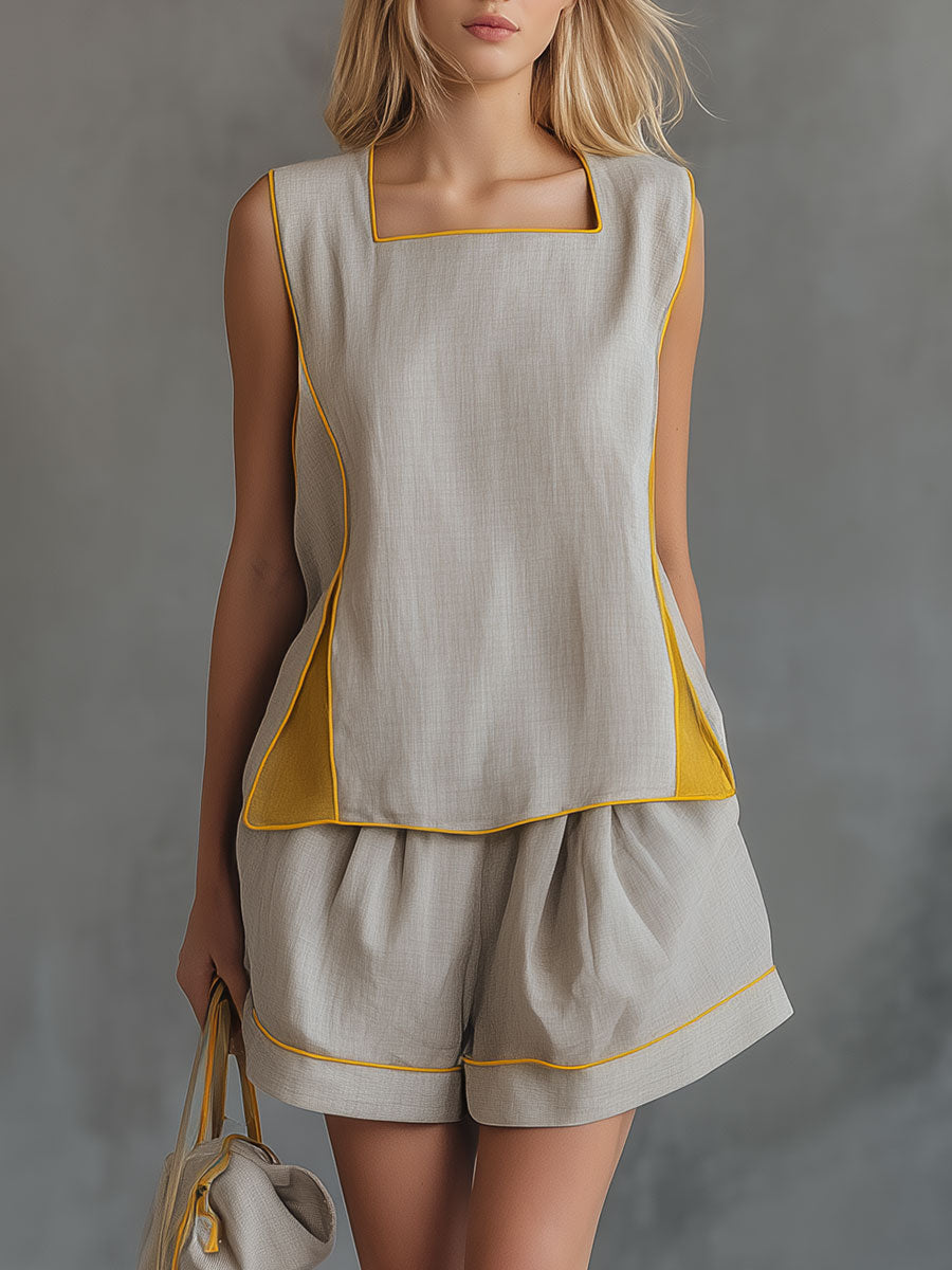 Stylish And Casual Color-blocked Trim Gray Tencel Linen Top And Shorts Set