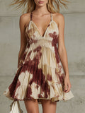 Fashionable Vacation Retro Burgundy Gradient Chiffon Pleated Mini Dress