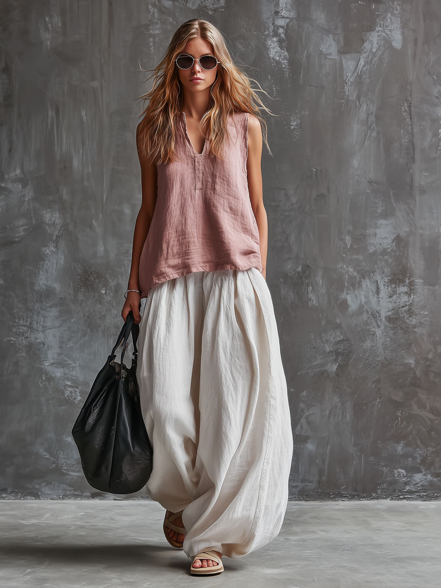 Casual Retro Cotton Linen Pink Sleeveless Top and White Balloon Pants Set