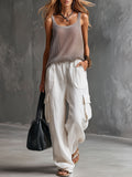 Vacation Retro Grey Mesh Knit Vest And White Cotton Linen Work Pants Set