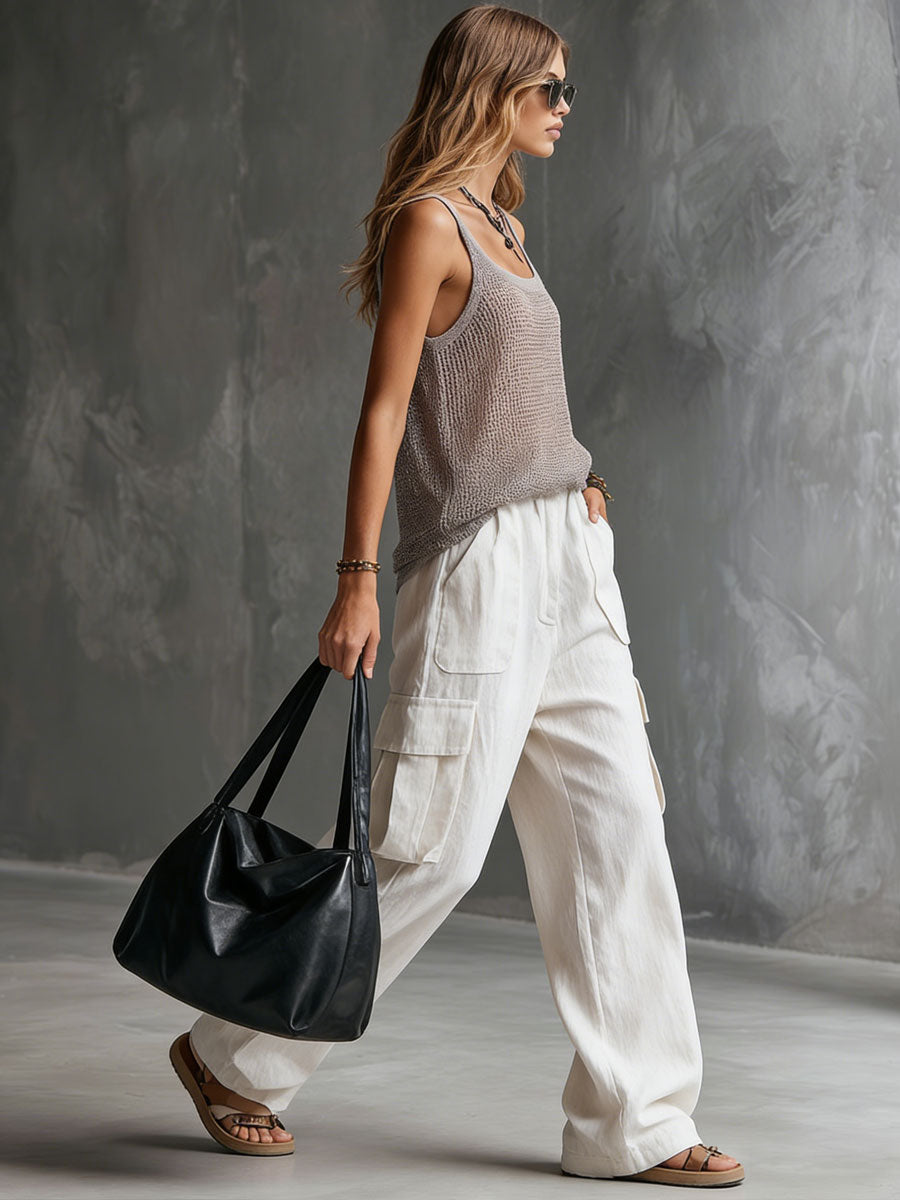 Vacation Retro Grey Mesh Knit Vest And White Cotton Linen Work Trousers Set