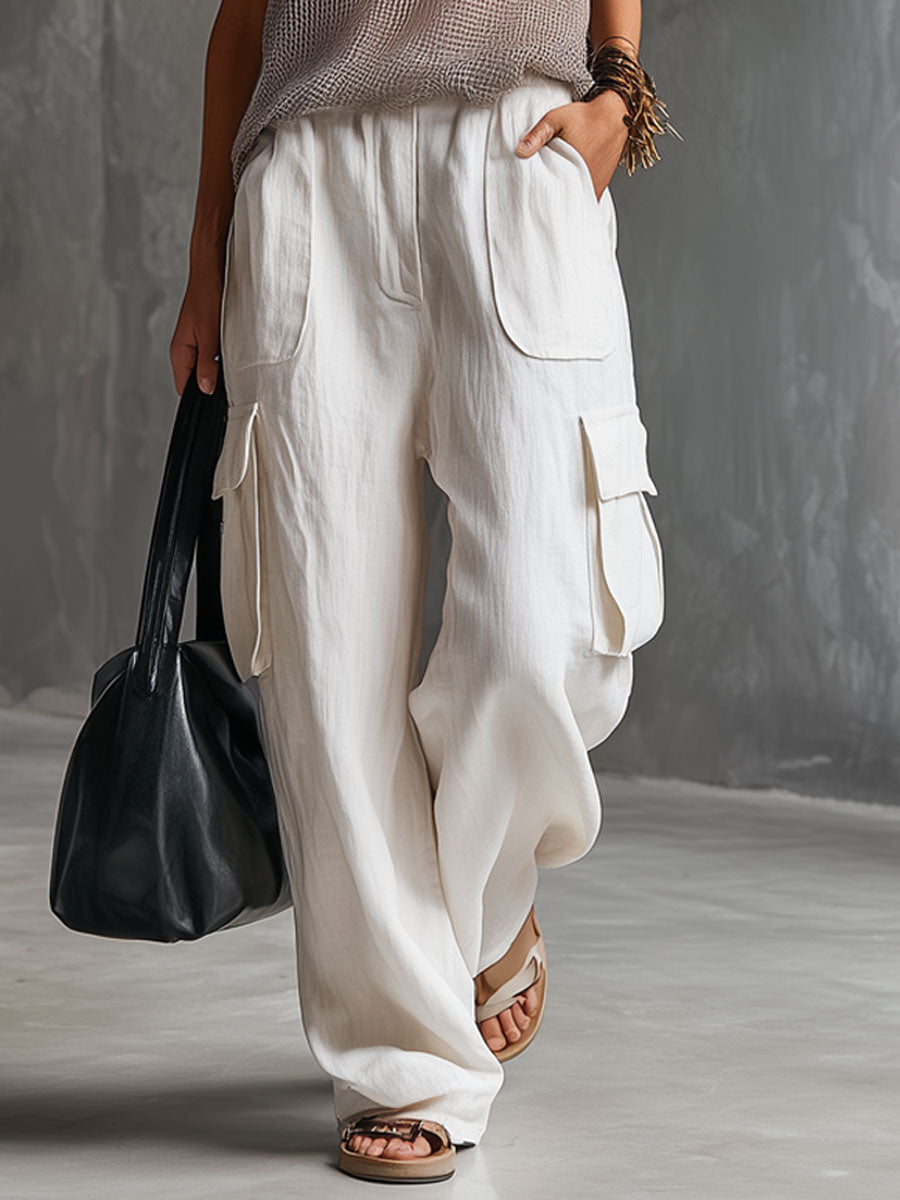 Vacation Retro Grey Mesh Knit Vest And White Cotton Linen Work Trousers Set