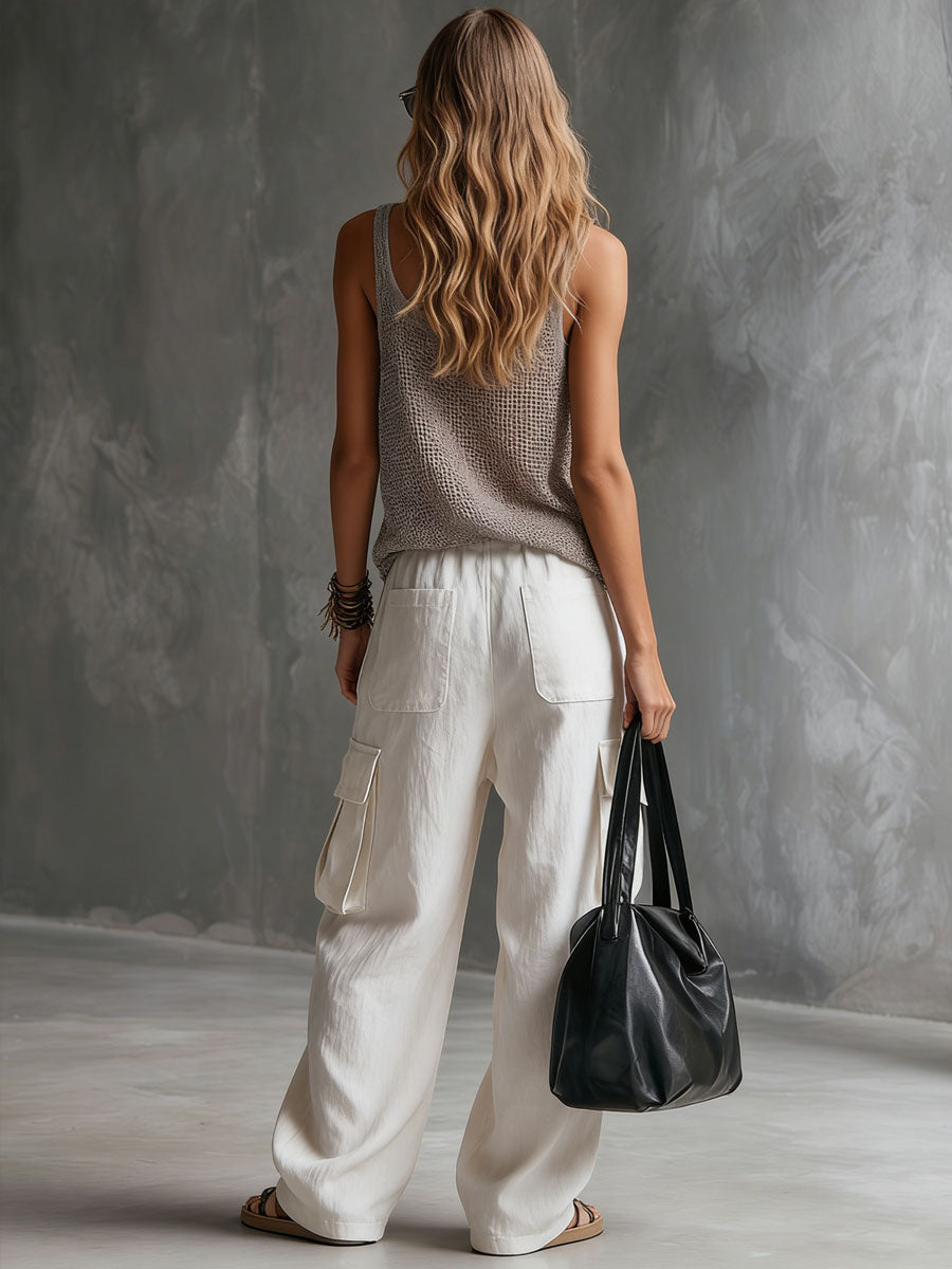 Vacation Retro Grey Mesh Knit Vest And White Cotton Linen Work Pants Set