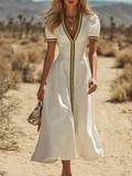 Western-style Retro Bohemian Colour-blocked Short-sleeved Cotton-linen Midi Dress