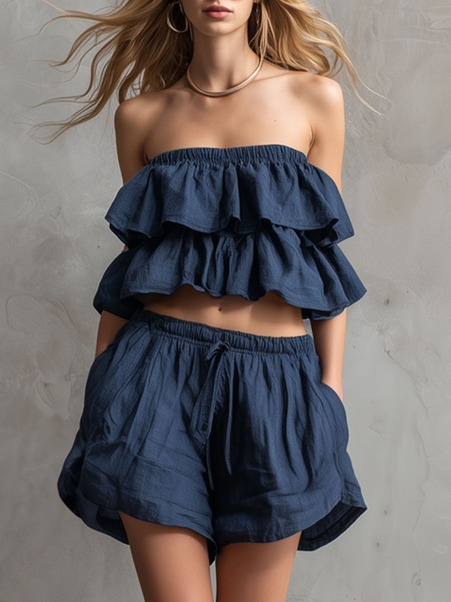 Casual Retro Navy Blue Cotton Linen Ruffled Strapless Shorts Set
