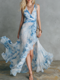 Stylish and Elegant V-neck Ruffled Slit Printed Chiffon Maxi Dress