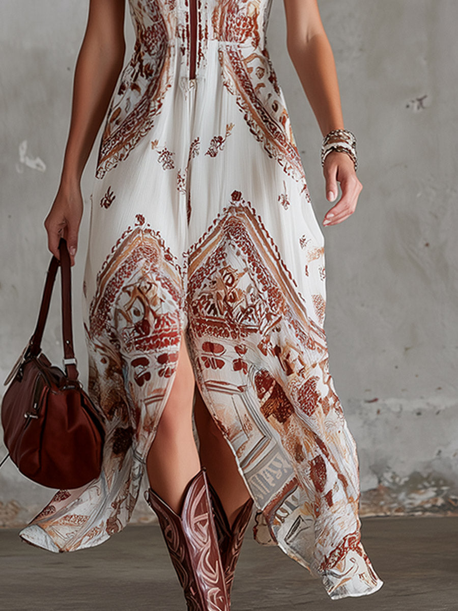 Retro Bohemian White Printed Maxi Dress