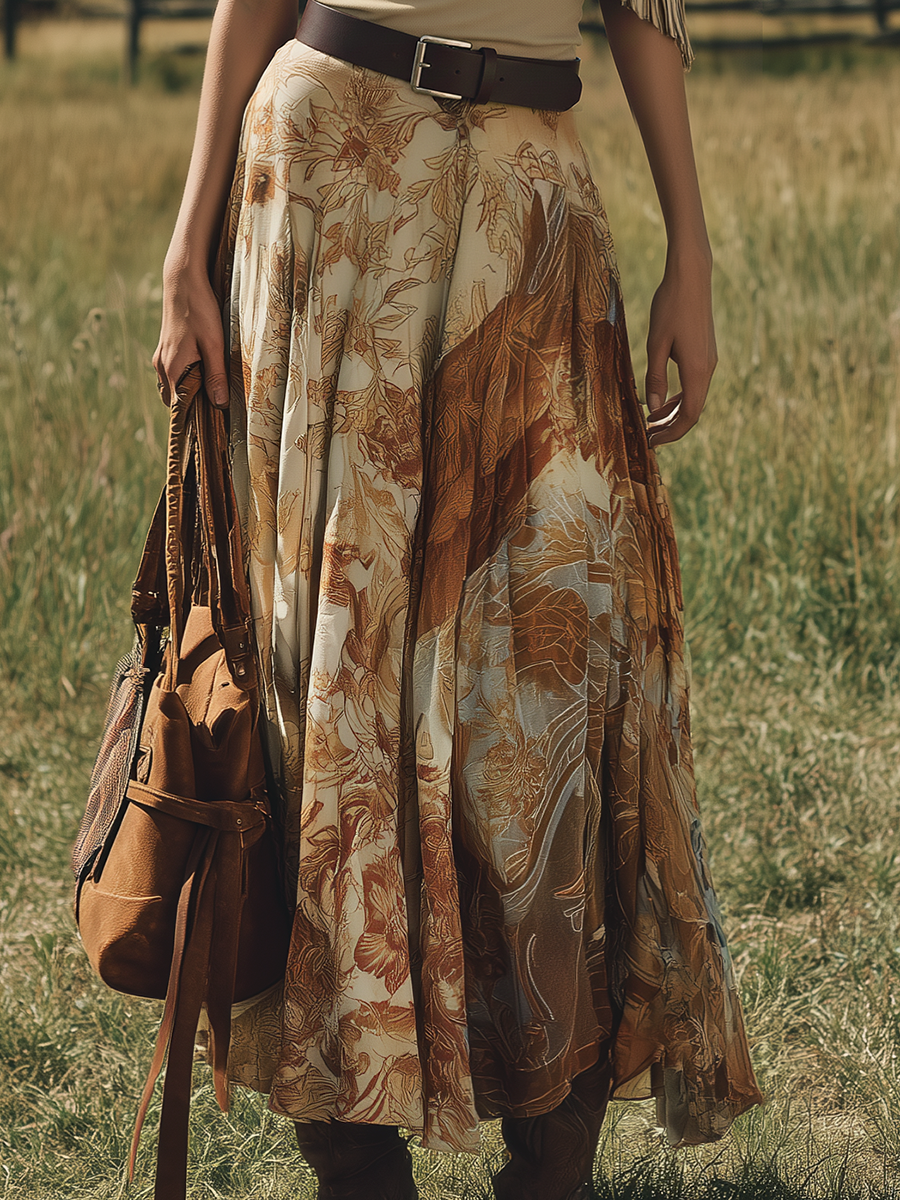 Western-style One-shoulder Sleeveless Fringed Faux Suede Top And Chiffon Printed Skirt Set