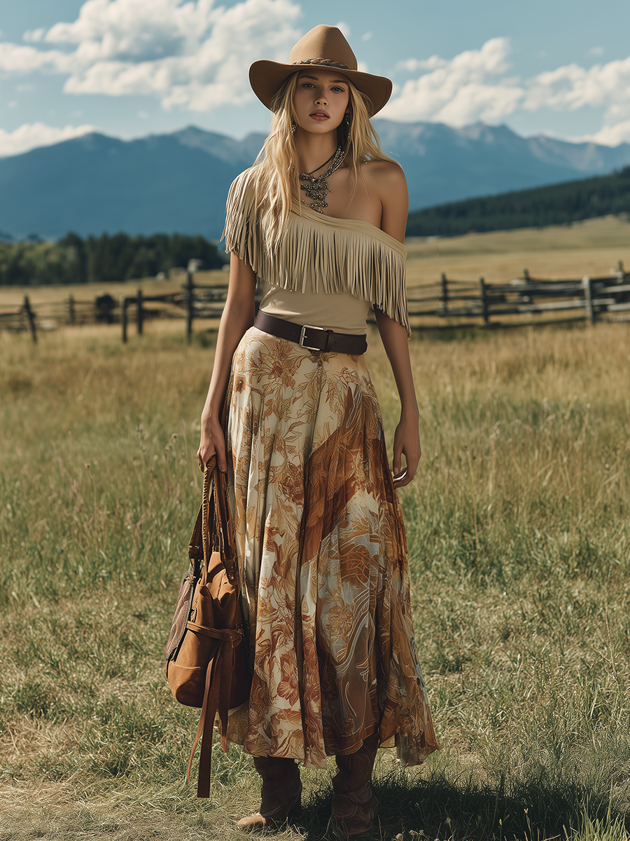 Western-style One-shoulder Sleeveless Fringed Faux Suede Top And Chiffon Printed Skirt Set