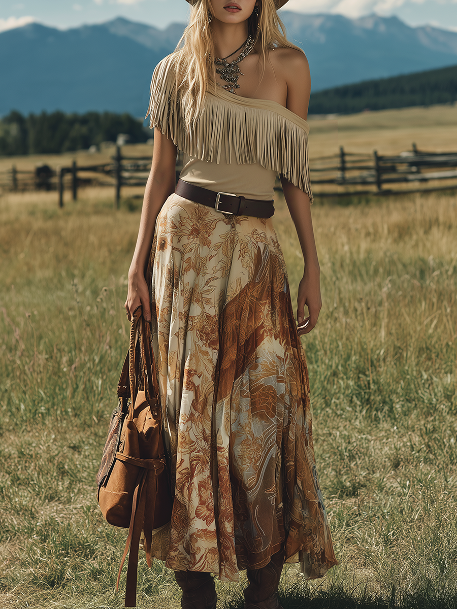Western-style One-shoulder Sleeveless Fringed Faux Suede Top And Chiffon Printed Skirt Set