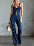 Chic Sporty Colour-Block Trim Blue Sleeveless Jumpsuit