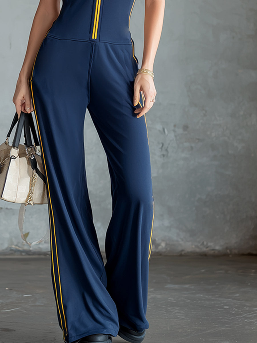 Chic Sporty Colour-Block Trim Blue Sleeveless Jumpsuit