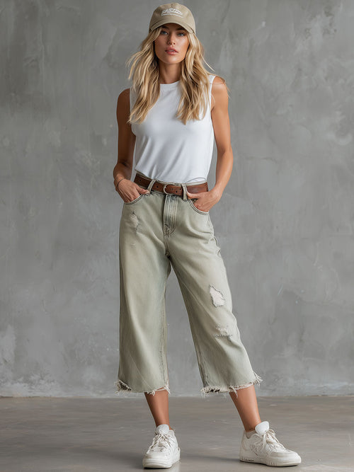 Casual Retro Light Green Washed Denim Capri Pants