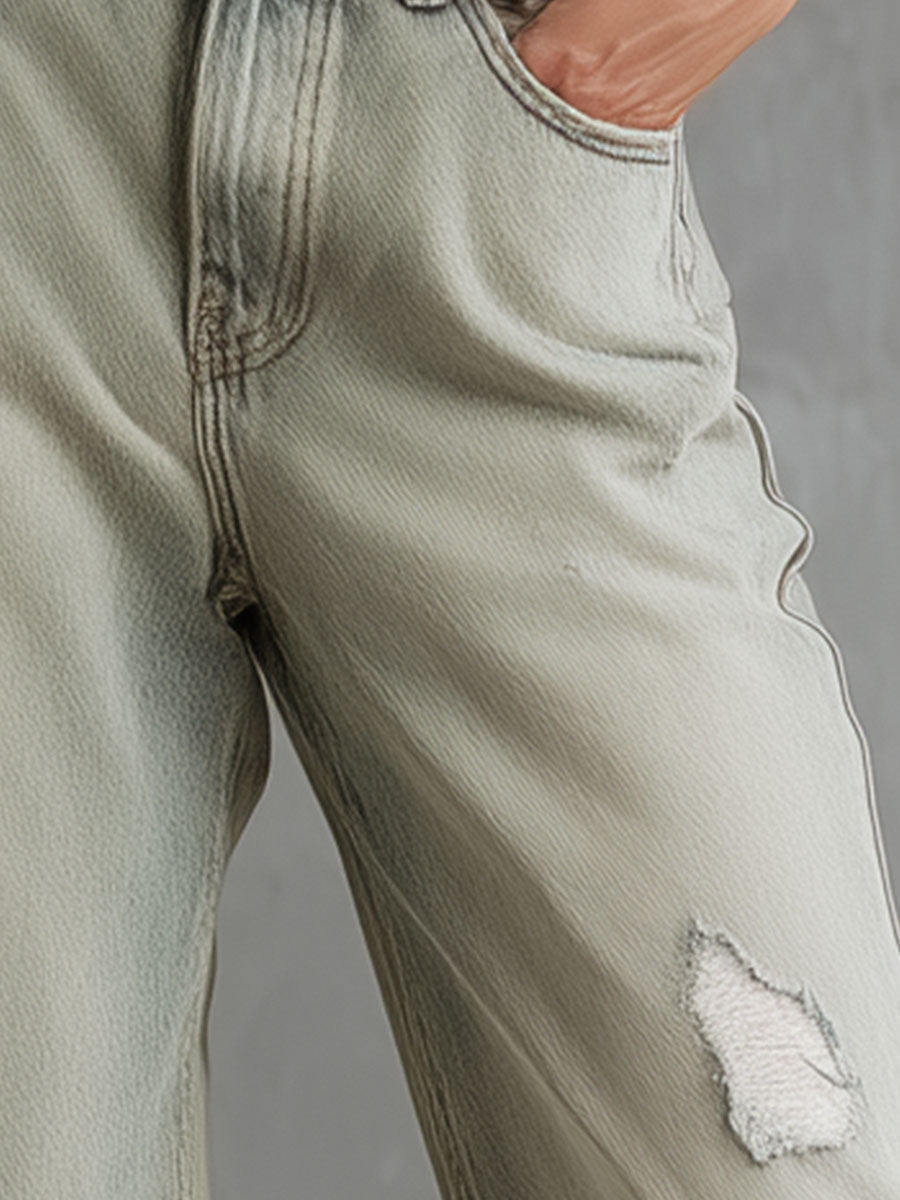 Casual Retro Light Green Washed Denim Capri Pants