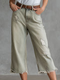 Casual Retro Light Green Washed Denim Capri Trousers