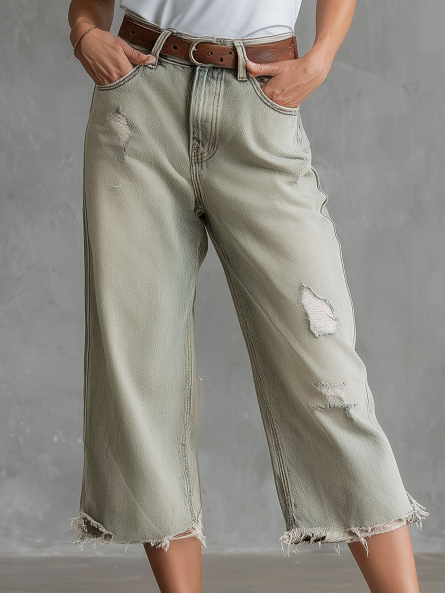 Casual Retro Light Green Washed Denim Capri Pants