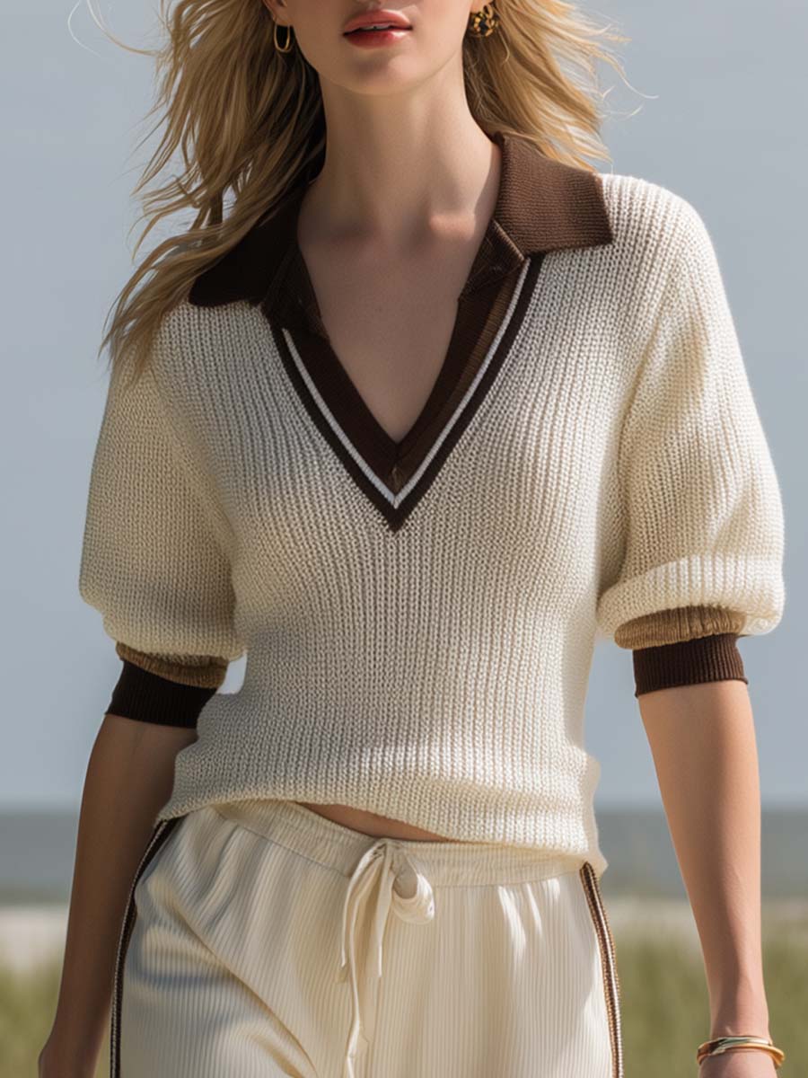 Breathable Casual Sporty Brown Trim Cream V-Neck Knit Top and Trousers Set