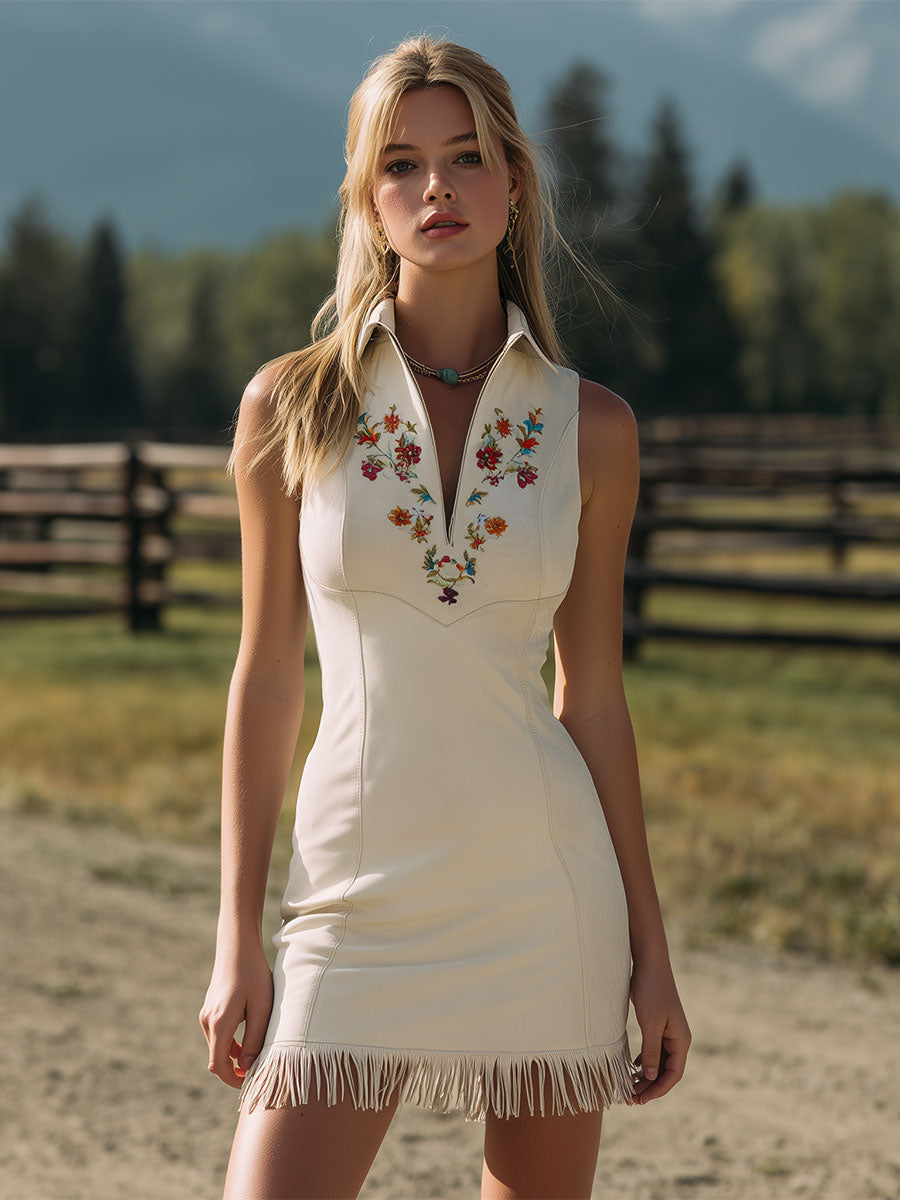 Western-style Retro Embroidered Tassel White Collar Sleeveless Faux Suede Mini Dress