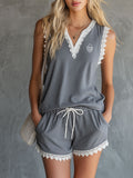 Casual Retro Lace-trimmed Grey Sleeveless V-neck Top and Shorts Set