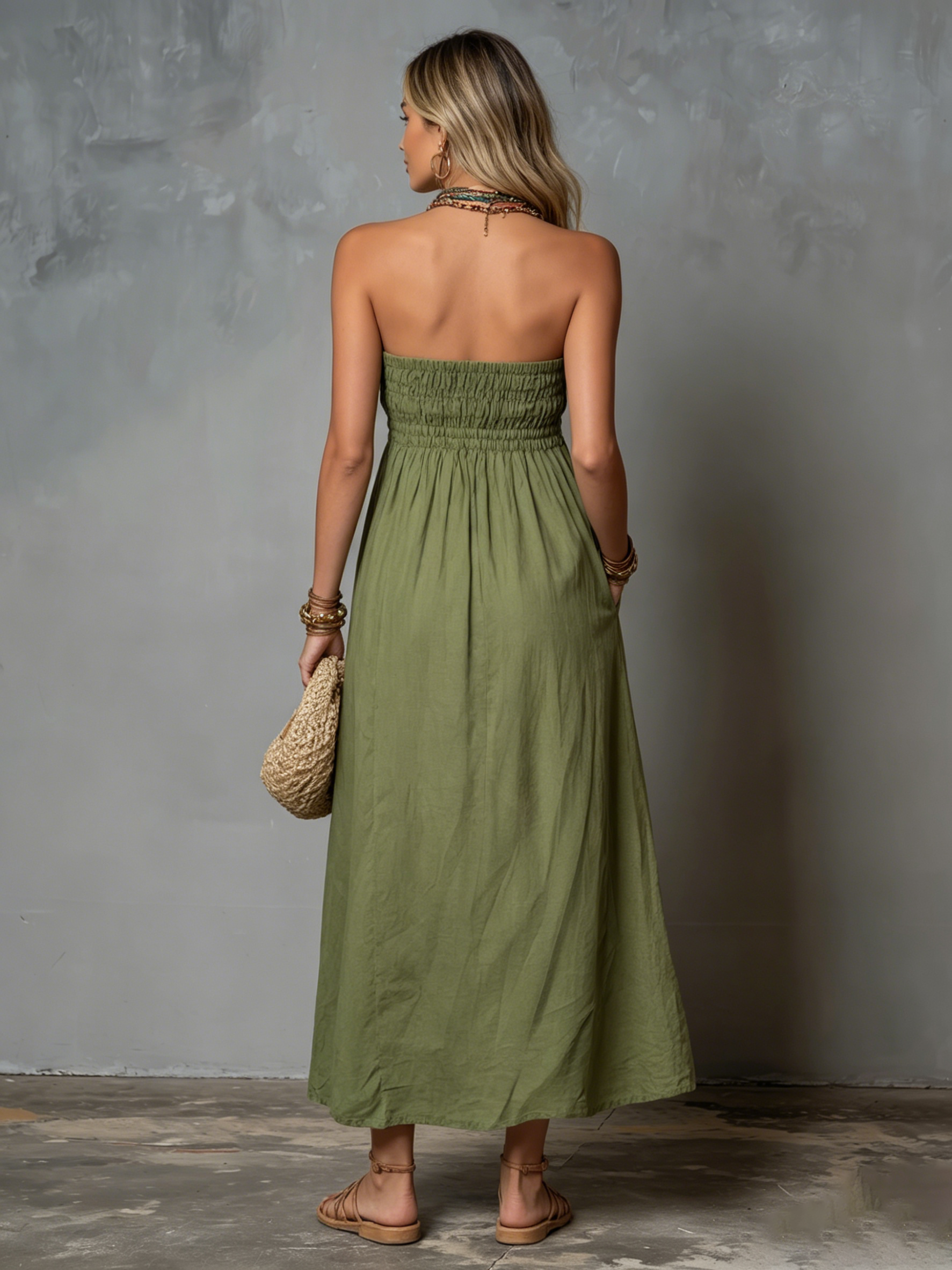Casual and Relaxed Strapless Sleeveless Solid Colour Midi Dress