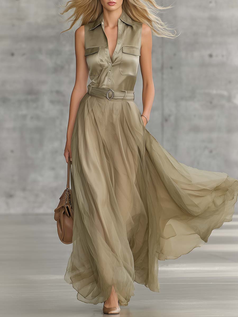 Elegant Flowing Fashion V-Neck Front-Button Dusty Khaki Satin And Organza Patchwork Maxi Dress