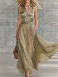 Elegant Flowing Fashion V-Neck Front-Button Dusty Khaki Satin And Organza Patchwork Maxi Dress