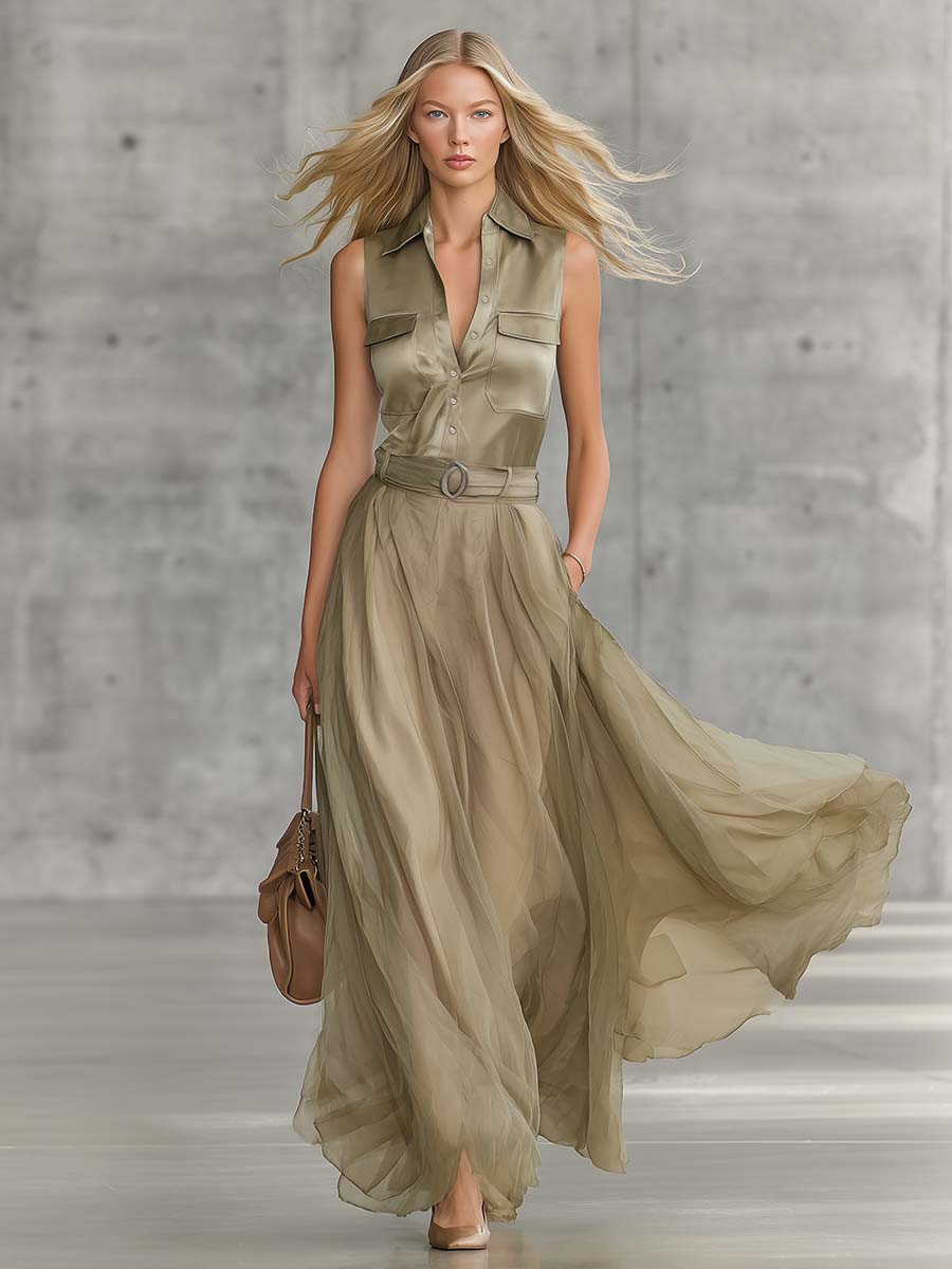 Elegant Flowing Fashion V-Neck Front-Button Dusty Khaki Satin And Organza Patchwork Maxi Dress