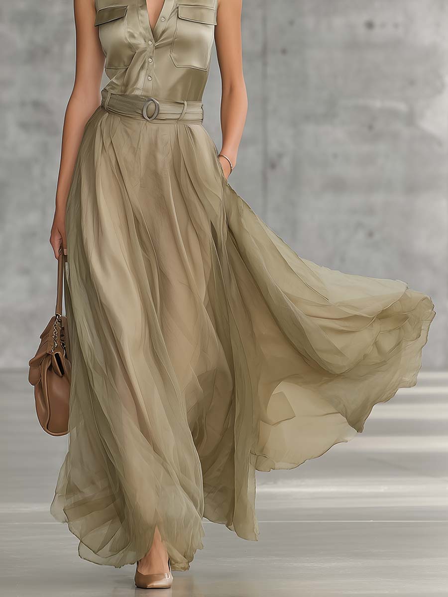 Elegant Flowing Fashion V-Neck Front-Button Dusty Khaki Satin And Organza Patchwork Maxi Dress