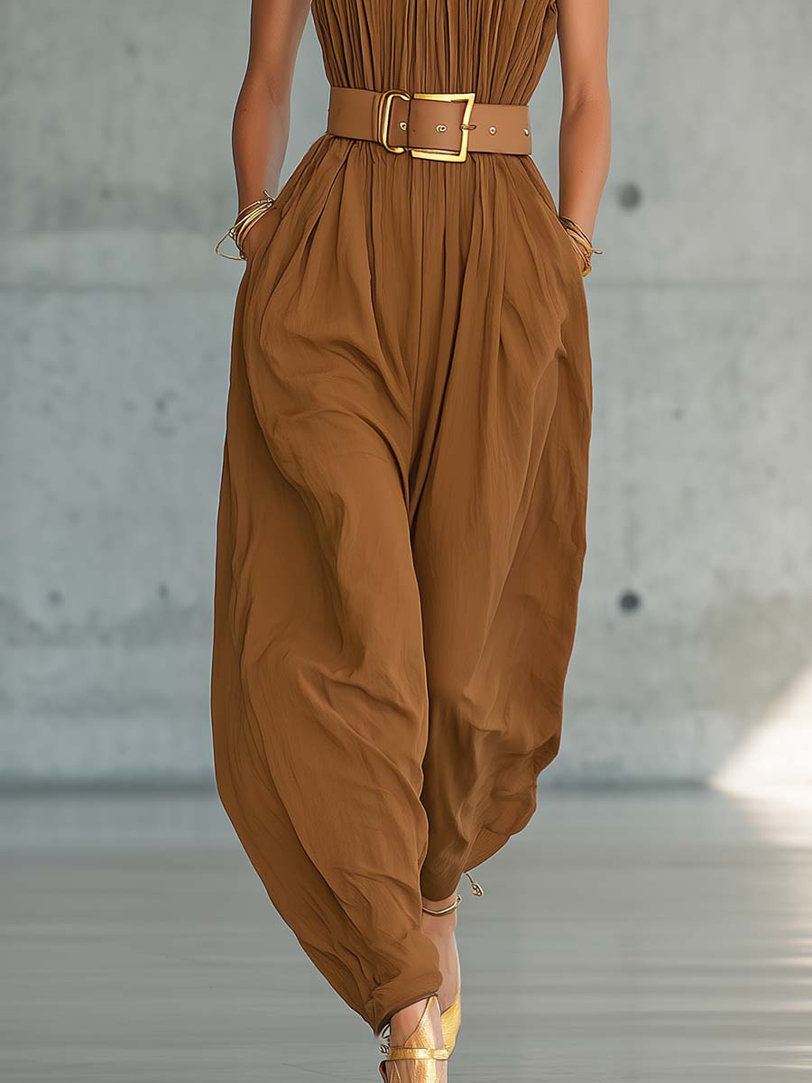 Casual Vacation Western Light Brown Cotton Strapless Jumpsuit