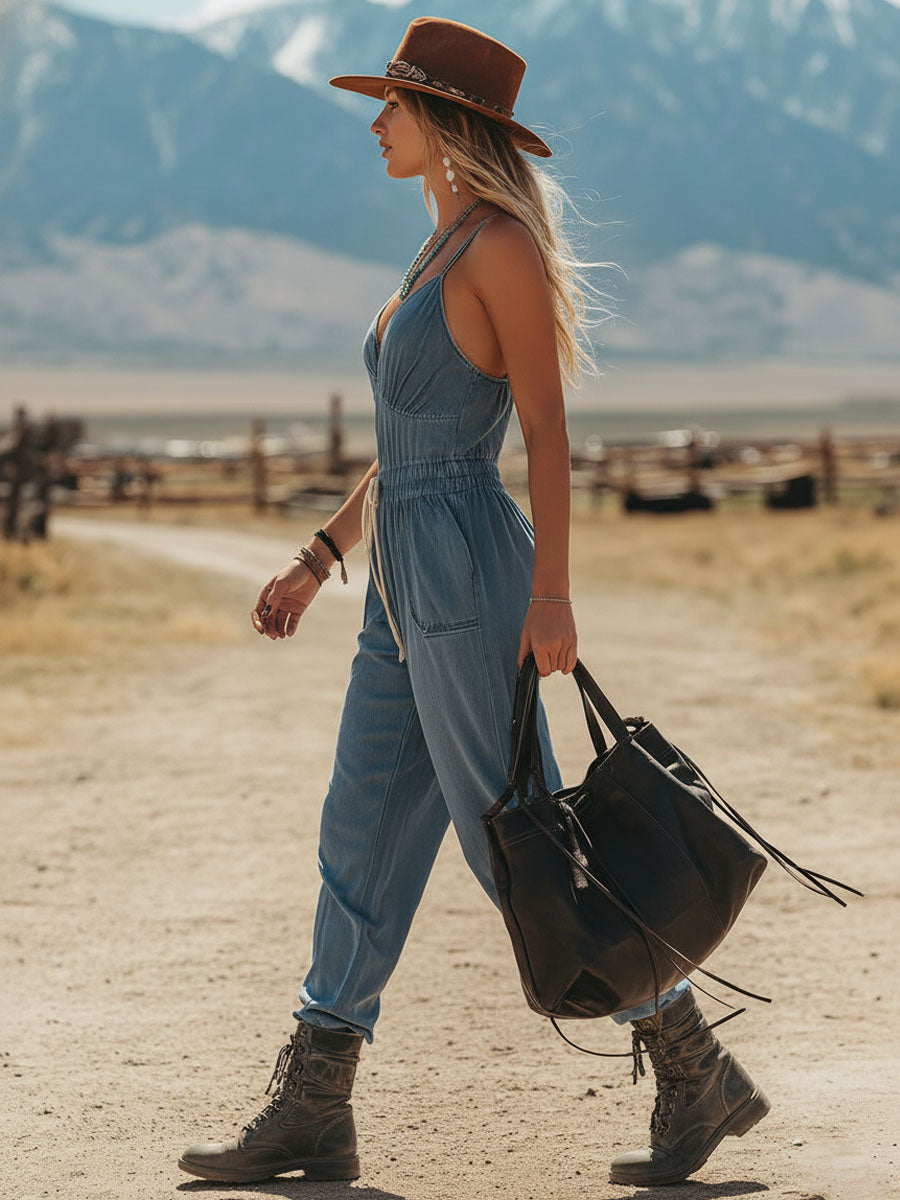 Retro-Style Spaghetti Strap V-Neck Denim Sleeveless Jumpsuit