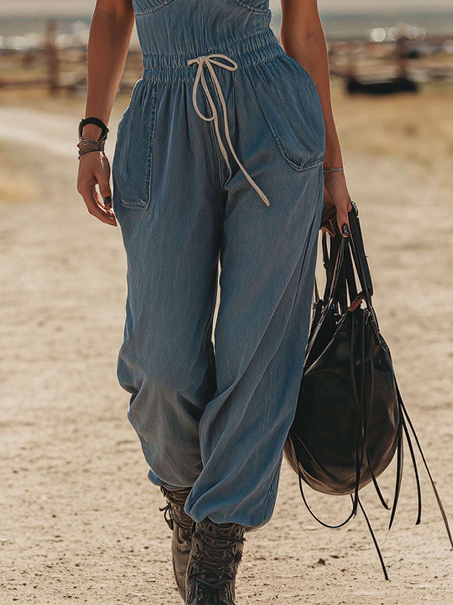 Retro-Style Spaghetti Strap V-Neck Denim Sleeveless Jumpsuit