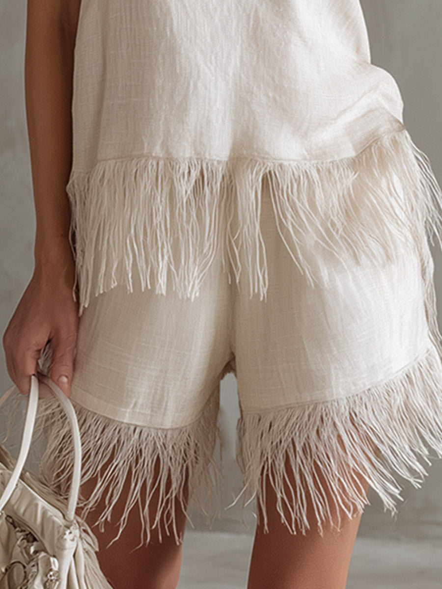 Elegant Minimalist Tassel-Trimmed Off-White Tencel Sleeveless Top & Shorts Set