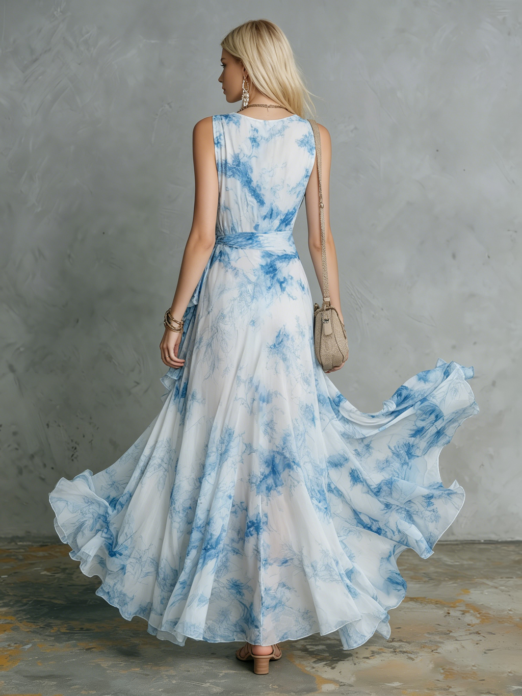 Stylish and Elegant V-neck Ruffled Slit Printed Chiffon Maxi Dress