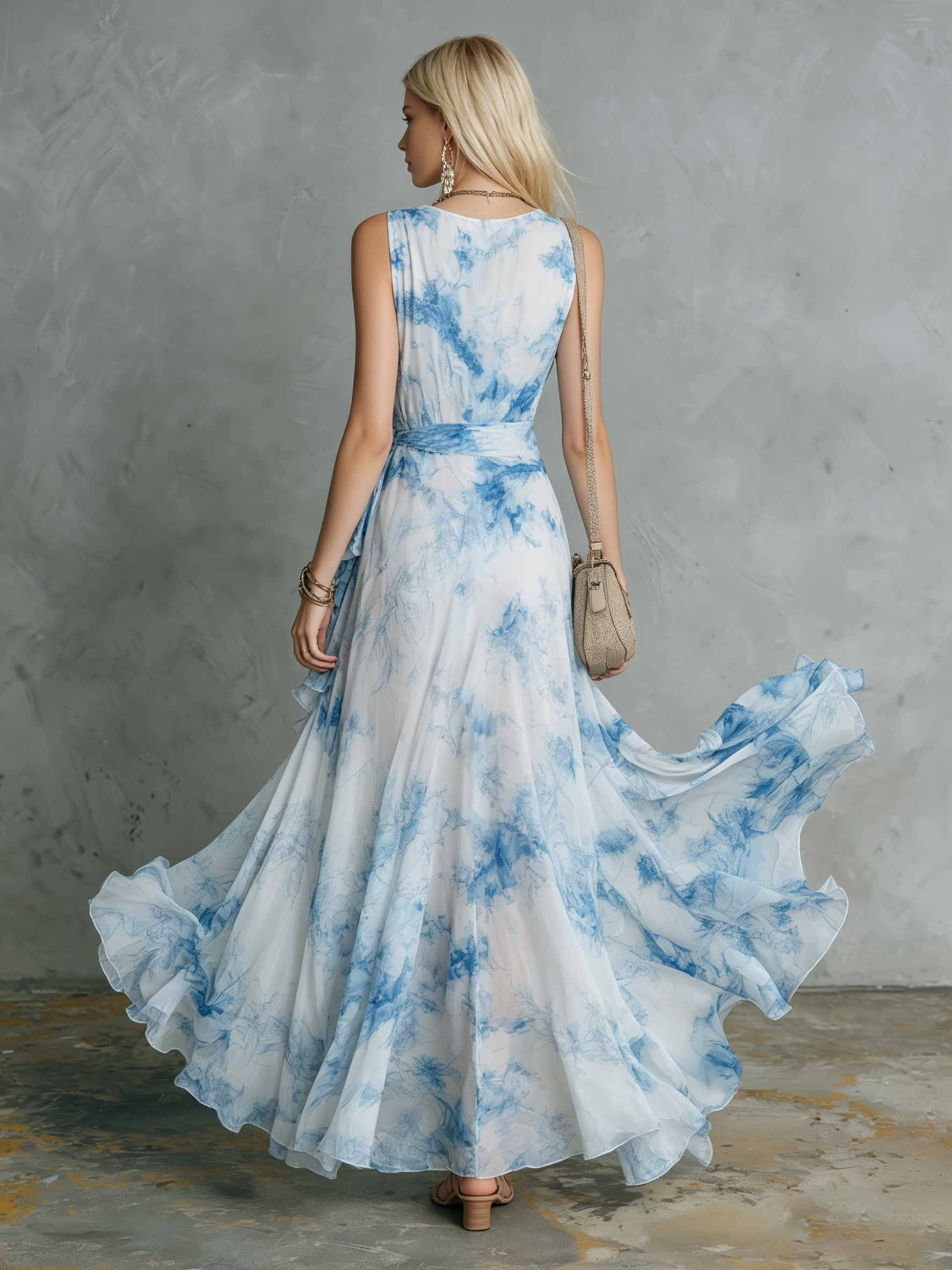 Stylish and Elegant V-neck Ruffled Slit Printed Chiffon Maxi Dress